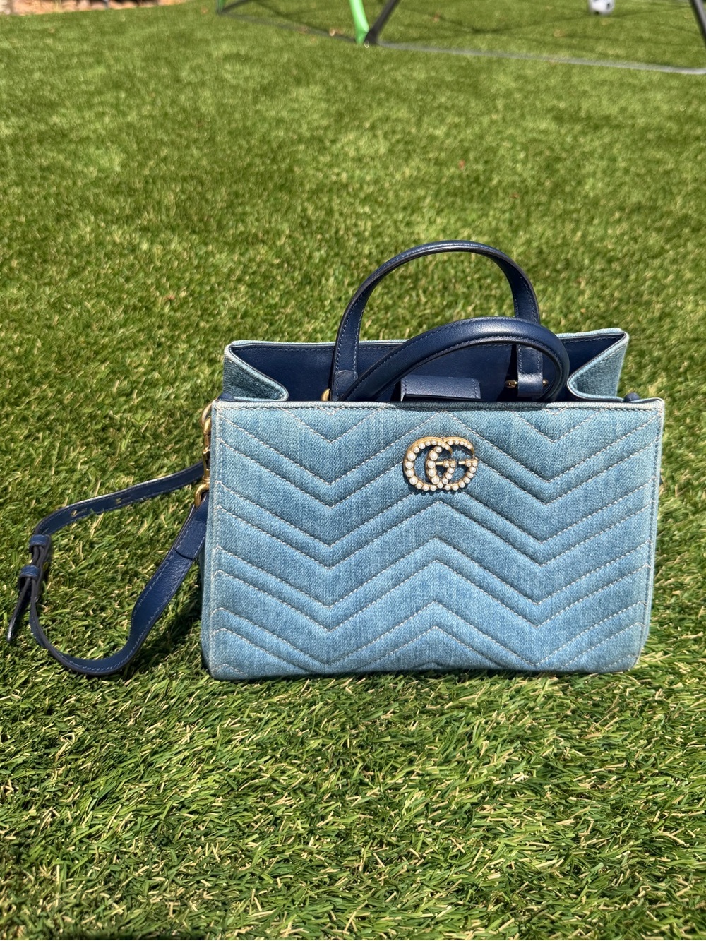 GUCCI GG Marmont Matelassé Denim Pearly GG Top Handle Small Satchel
